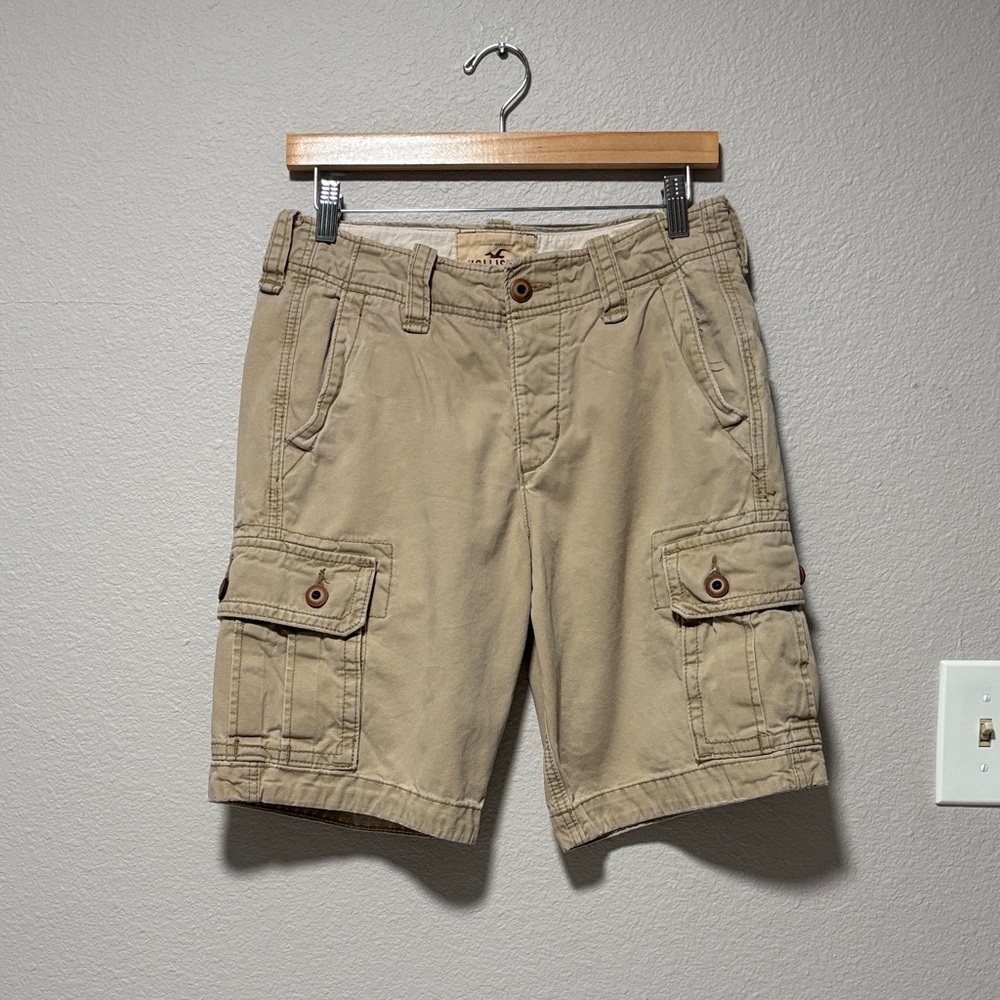 Y2K Hollister Men's Tan Khaki Cargo Shorts Size 28 Utility Grunge Button Fly